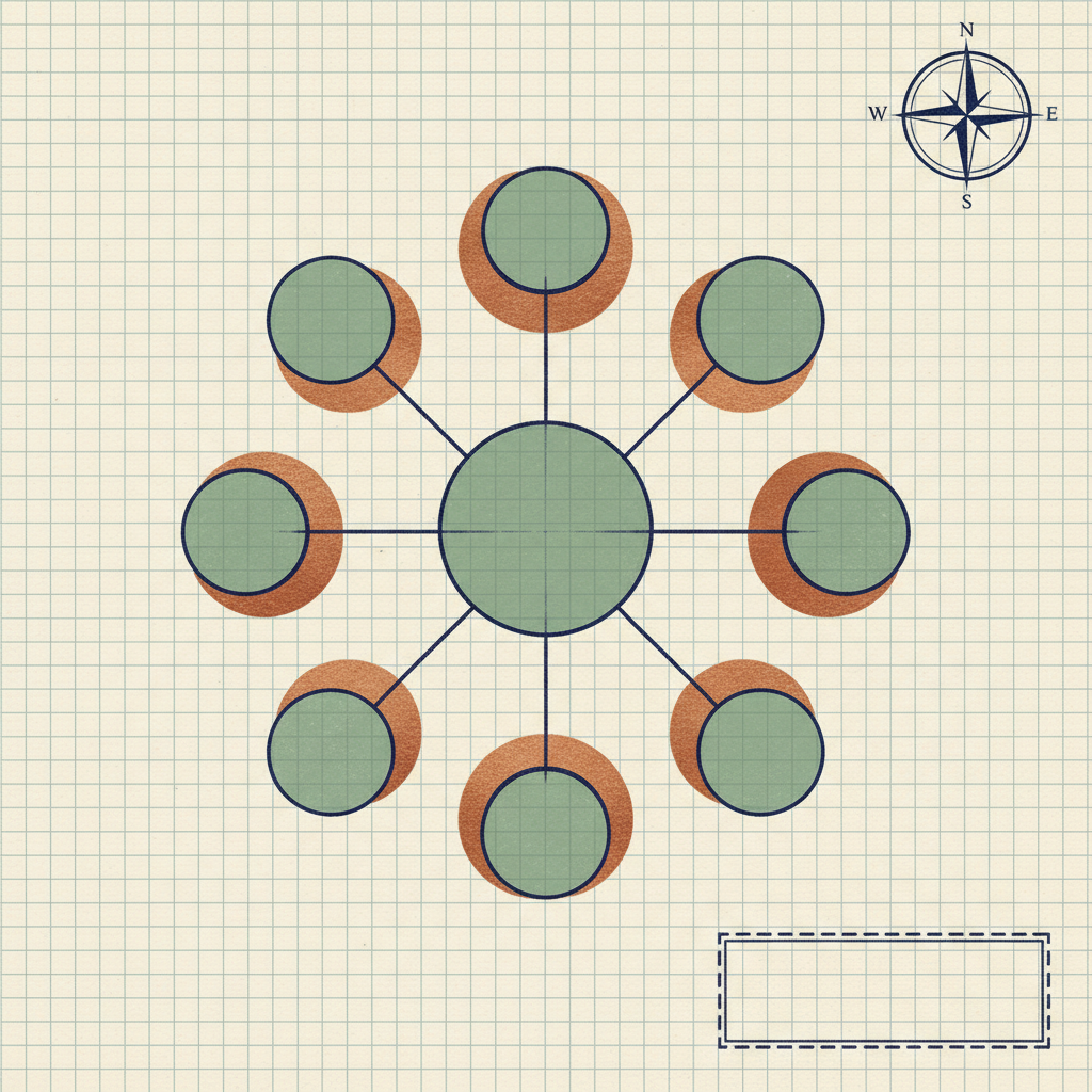 Architecture en étoile : un concentrateur central relié à six agents spécialisés, chacun avec un agent miroir en arrière-plan