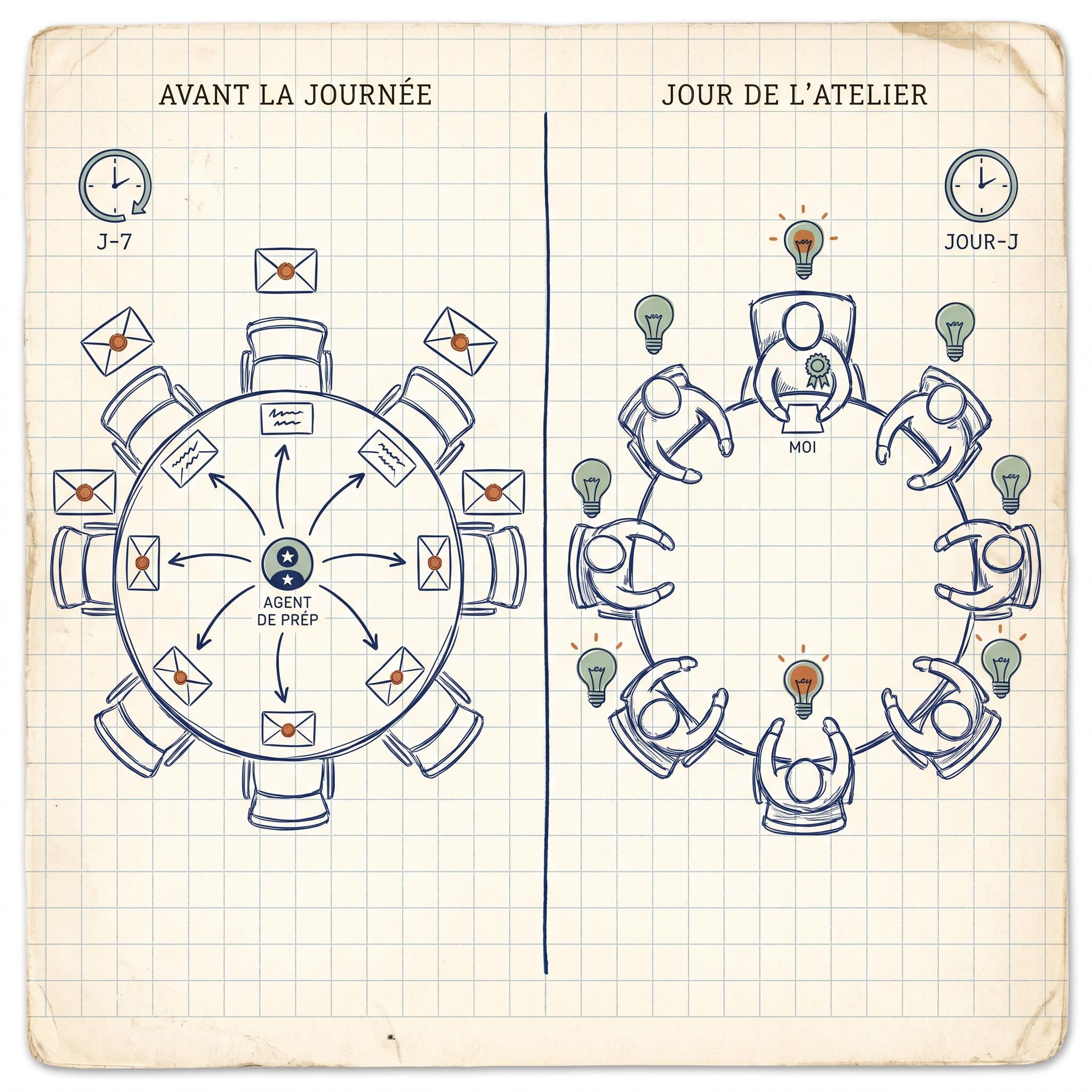 Illustration éditoriale – une table d'atelier ronde vue d'en haut, en deux scènes. AVANT LA JOURNÉE : un Agent de prép au centre envoie des enveloppes vers chaque chaise vide. JOUR DE L'ATELIER : la même table avec chaque chaise occupée et de petites ampoules allumées au-dessus.