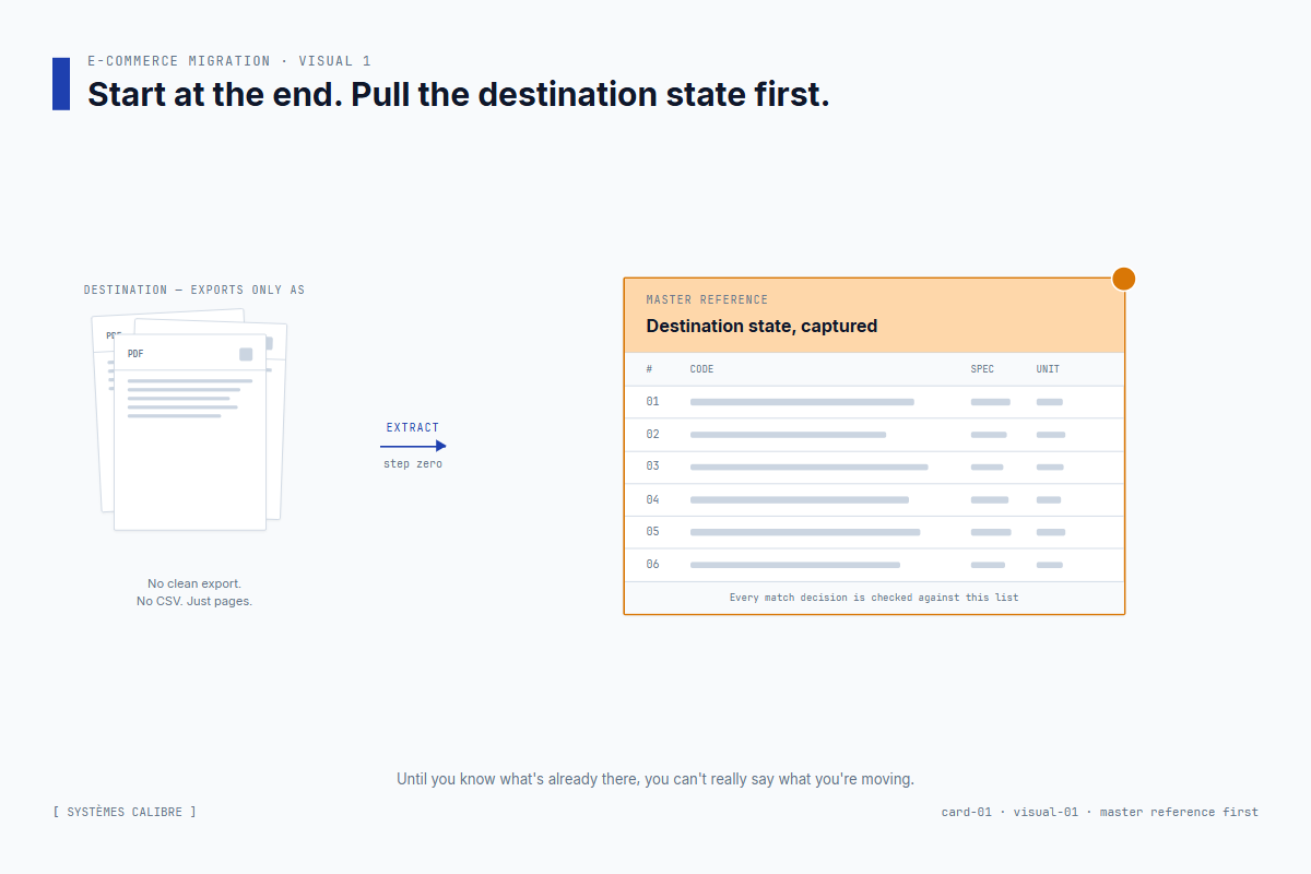Master reference first — extracting the destination system's current state from PDFs before any transformation