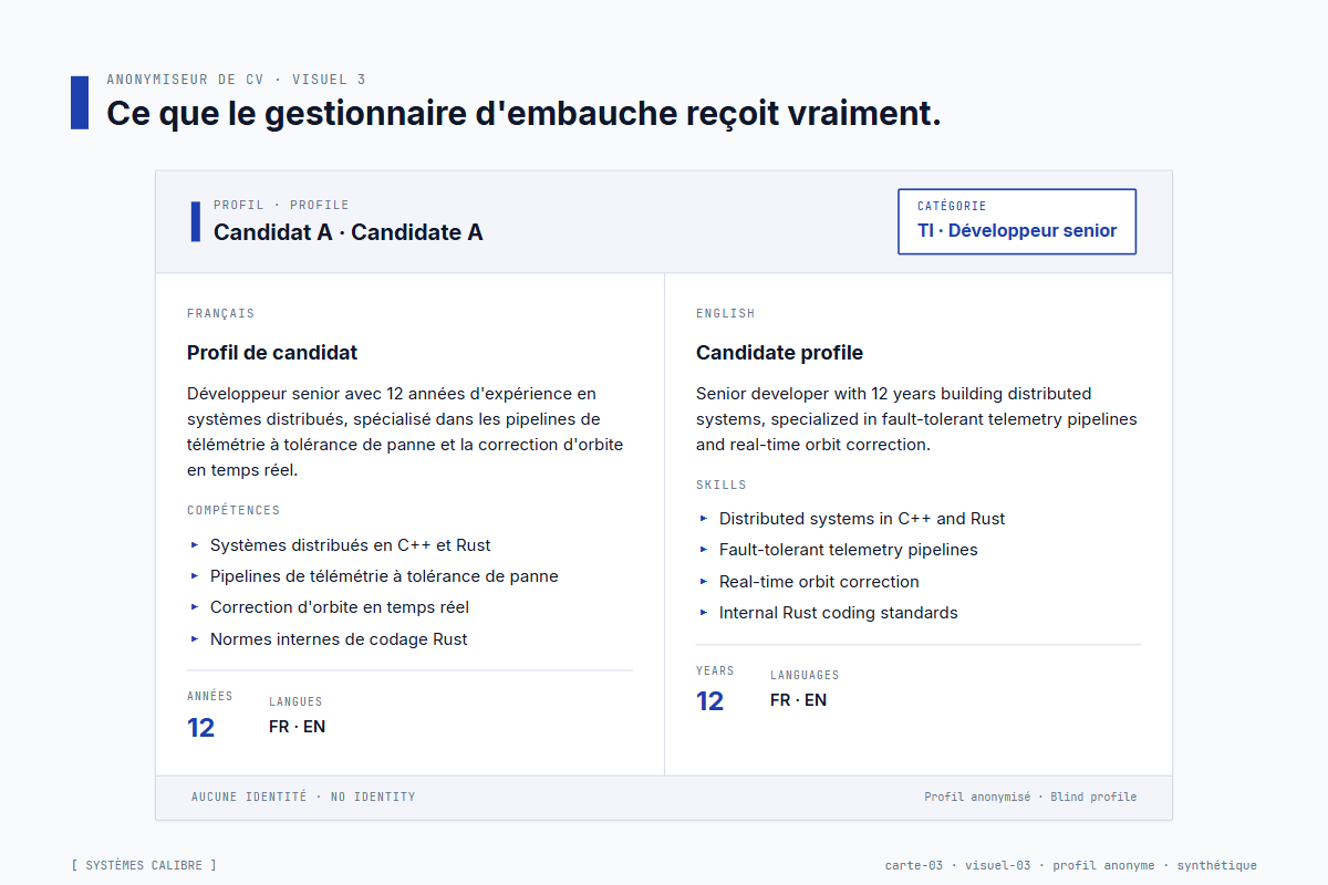 Un profil aveugle bilingue en PDF – français et anglais côte à côte – avec les titres professionnels préservés et les données personnelles caviardées