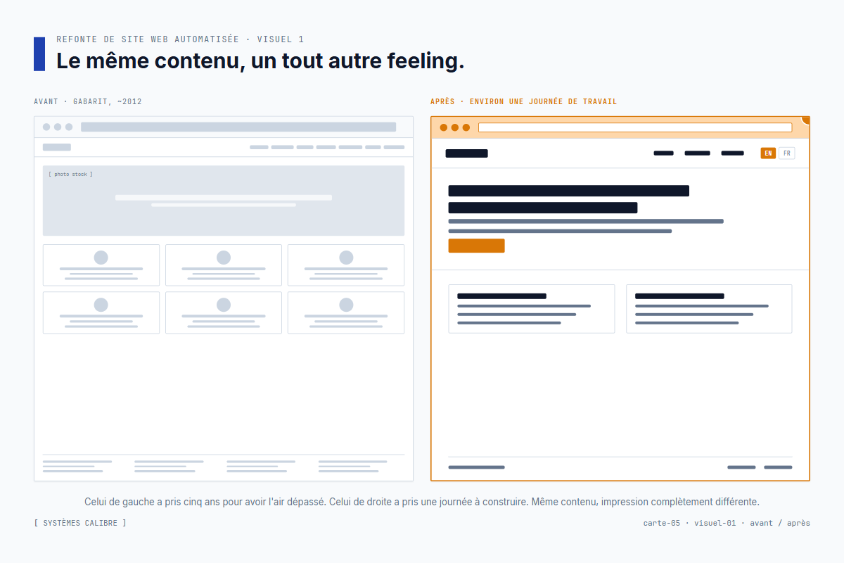 Avant et après – un site de cabinet comptable bâti sur un gabarit du milieu des années 2010, remplacé par un remplacement bilingue propre de quatorze pages