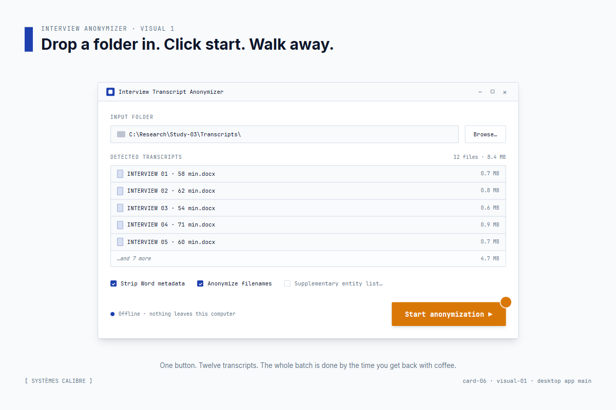 The desktop app main window — drop a folder of .docx transcripts in, pick an output folder, click run