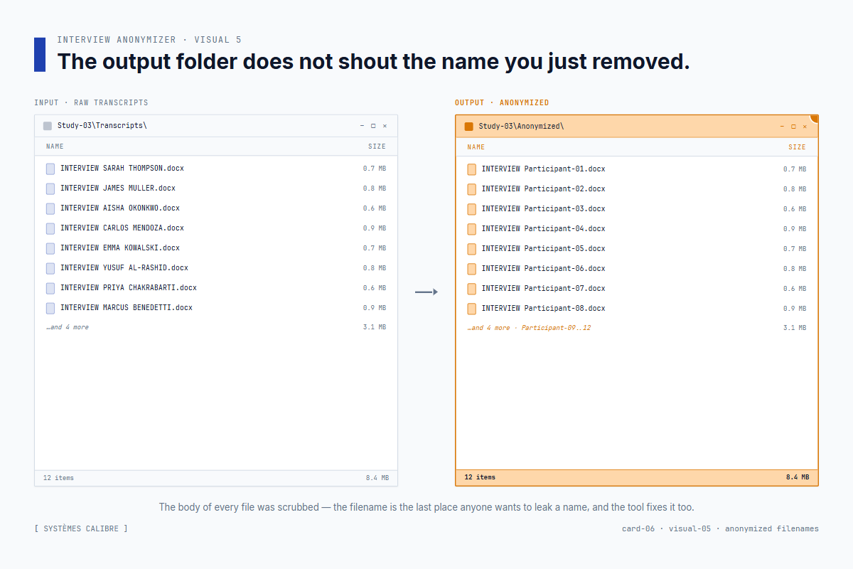 Input filenames with participant names replaced by pseudonyms in the output folder, including Word document metadata stripped