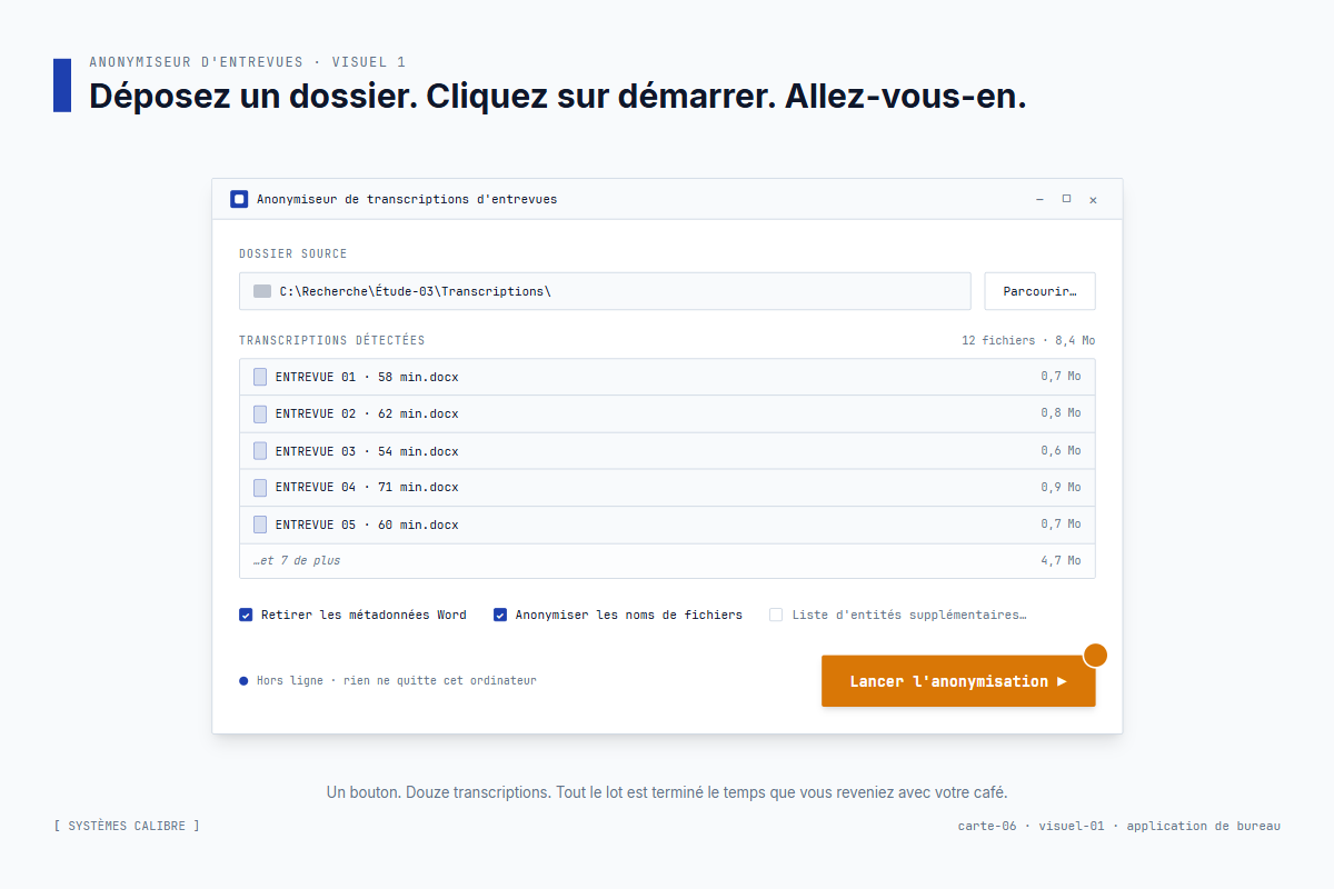 La fenêtre principale de l'application de bureau – déposez un dossier de transcriptions .docx, choisissez un dossier de sortie, cliquez sur Démarrer