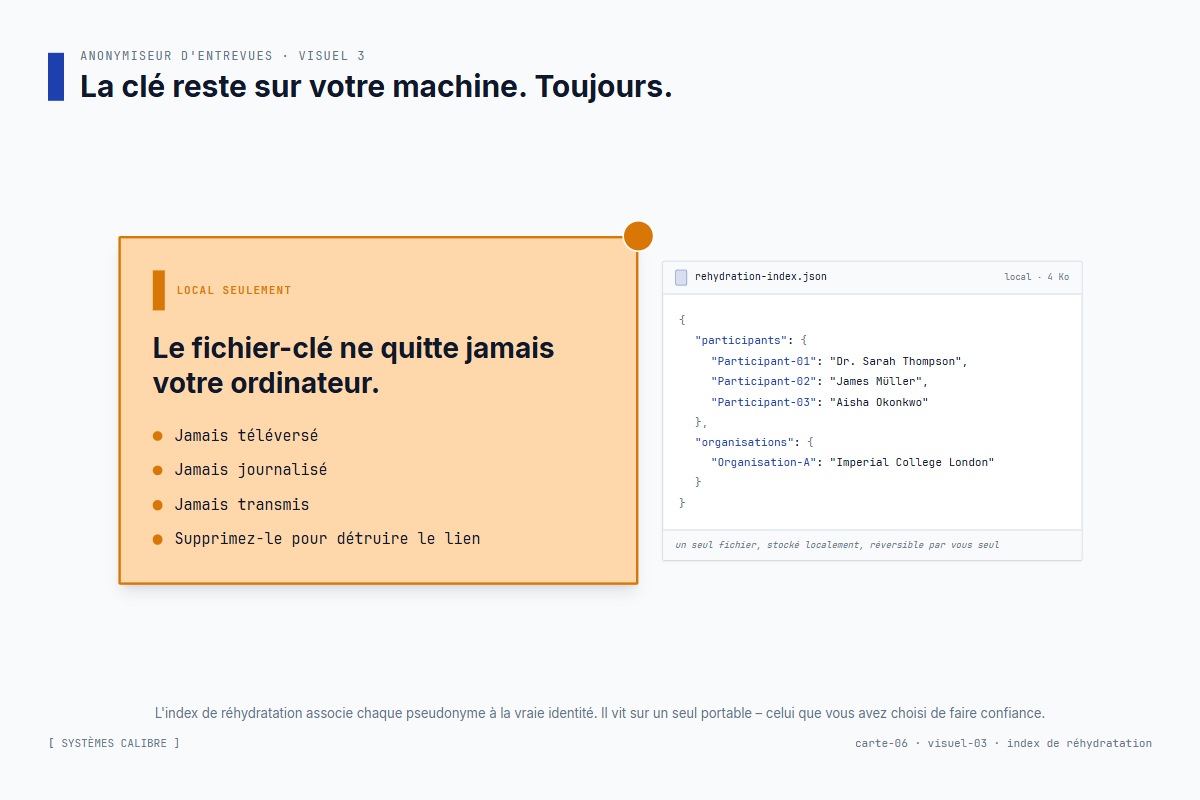 L'index de réhydratation – un fichier de correspondance stocké uniquement sur votre machine, permettant d'inverser l'anonymisation plus tard pour vérifier une citation