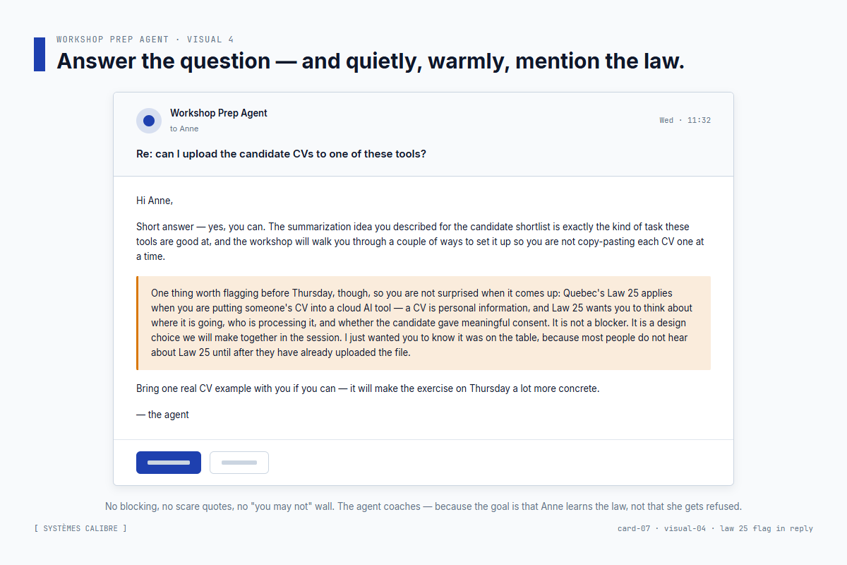 Stylized email where the agent answers a question about uploading candidate CVs and includes an amber-highlighted paragraph gently flagging Law 25 considerations