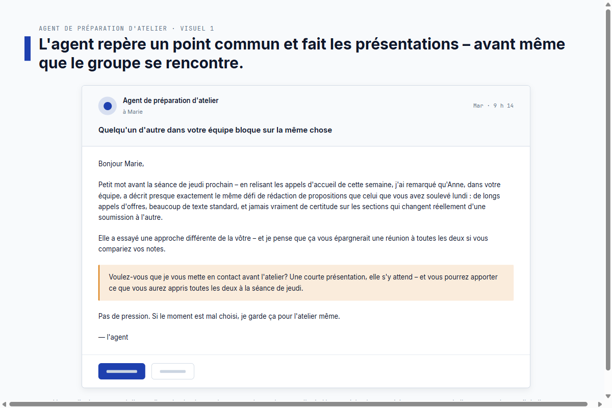 Courriel stylisé de l'agent de préparation d'atelier à Marie, suggérant de se connecter avec Anne au sujet d'un défi commun de rédaction de propositions, le paragraphe de suggestion surligné en ambre