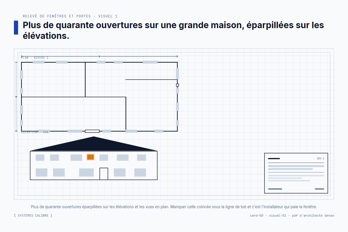 Vue en plan stylisée d'un architecte et élévation sud avec des dizaines d'ouvertures de fenêtres et de portes rendues en rectangles gris ; un rectangle ambre marque la fenêtre facile à manquer sous la ligne de toit